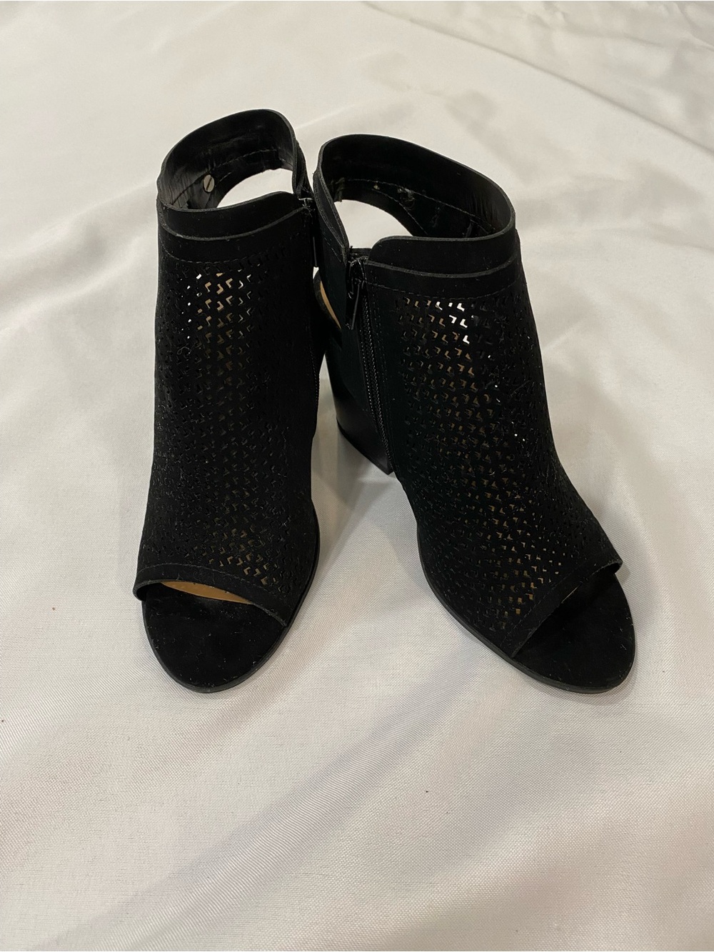 Soda Black Peep-Toe Laser-Cut Block Heel Booties